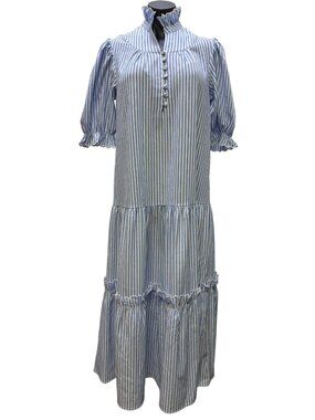 NWT Pomander Place Blue & White Striped Ruffle High-Neck Tiered Midi Dress XS